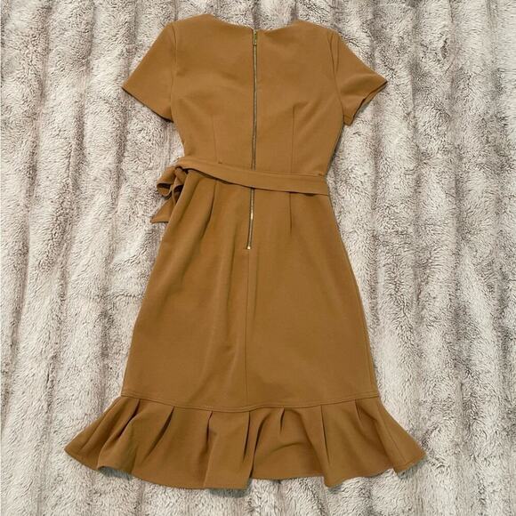 New Calvin Klein Tan Brown Short Sleeve Ruffle Wrap Dress - Picture 4 of 6